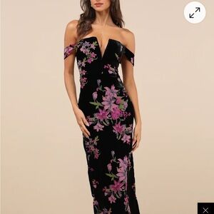 Lulu's Black Strapless Dress with Pink Floral Design